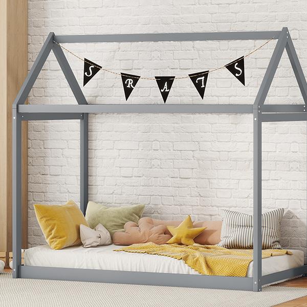 Twin Size Wooden House Bed, Gray