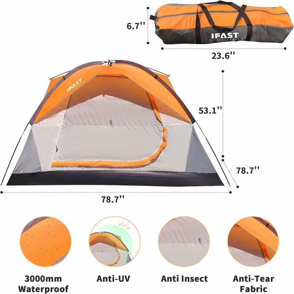 2/6 Family Camping Tents, Outdoor Double Layers Waterproof Windproof with Top Roof Rainproof and Large Mesh Windows Portable Easy Set Up Camping Gear with Carry Bag for All Seasons