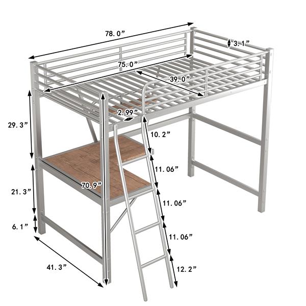 Twin Size Loft Metal&MDF Bed with Desk and Shelf, Silver