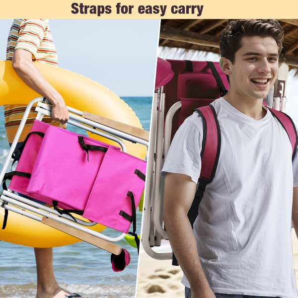 Folding Beach Chair, 4 Position Portable Backpack Foldable Camping Chair with Headrest Cup Holder and Wooden Armrests, Pink