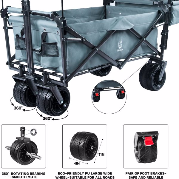 Collapsible Wagon Heavy Duty Folding Wagon Cart with Removable Canopy, 4" Wide Large All Terrain Wheels, Brake, Adjustable Handles,Cooler Bag Utility Carts for Outdoor Garden Wagons Carts Beach Cart