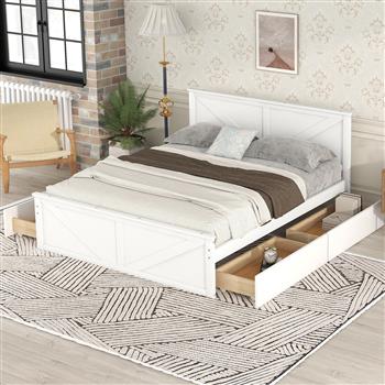 Queen Size Wooden Platform Bed with Four Storage Drawers and Support Legs, White