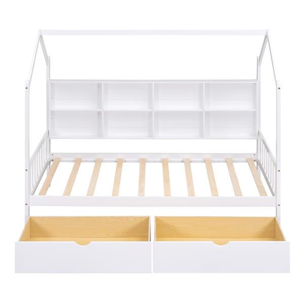 Wooden Twin Size House Bed with 2 Drawers,Kids Bed with Storage Shelf, White