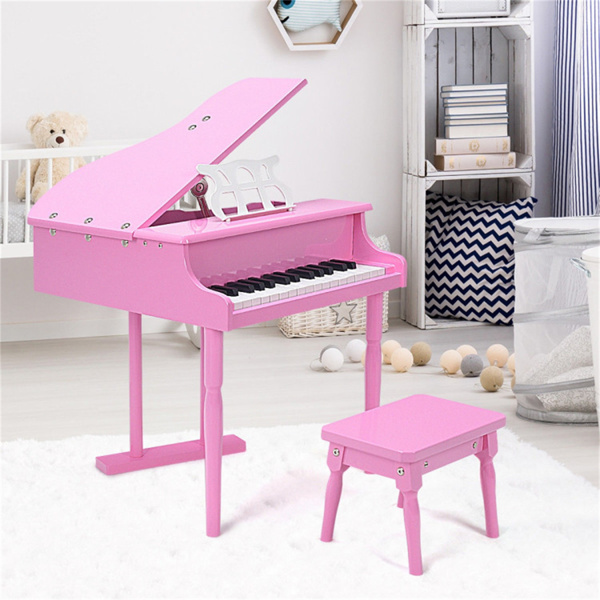 Pink Kids Piano 30-Key Keyboard Toy with Bench Piano Lid and Music Rack