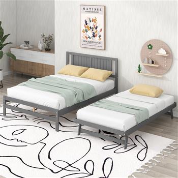 Full Size Platform Bed with Adjustable Trundle,Gray