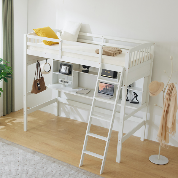 Loft bed with shelf with desk inclined ladder white twin wooden bed pine particle board N101 USA