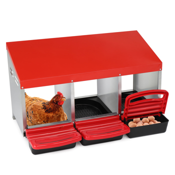 3 Compartment Roll Out Chicken Nesting Box with Plastic Basket, Egg Nest Box Chicken Laying Box Hens Chicken Coop Box, Red