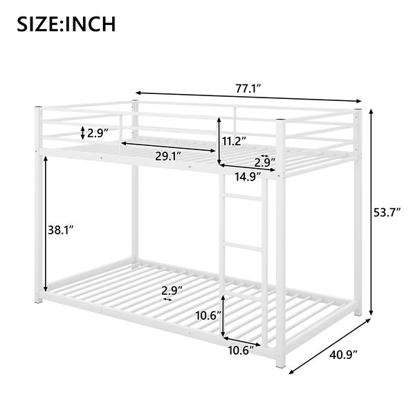 Twin over Twin Metal Bunk Bed, Low Bunk Bed with Ladder,White