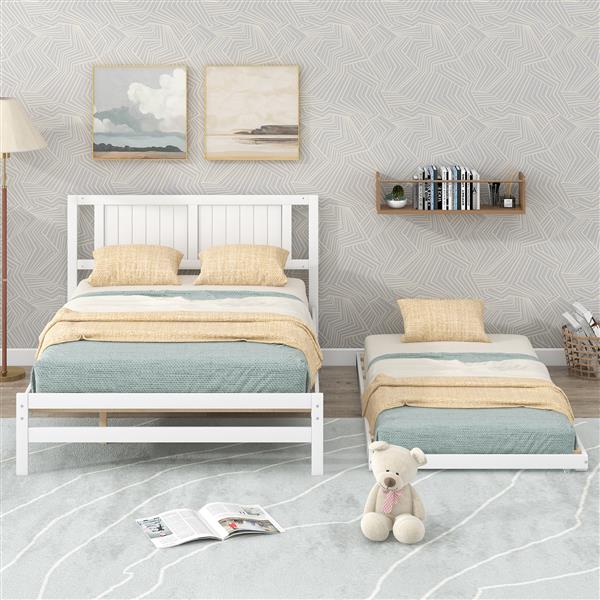 Full Size Platform Bed with Adjustable Trundle,White