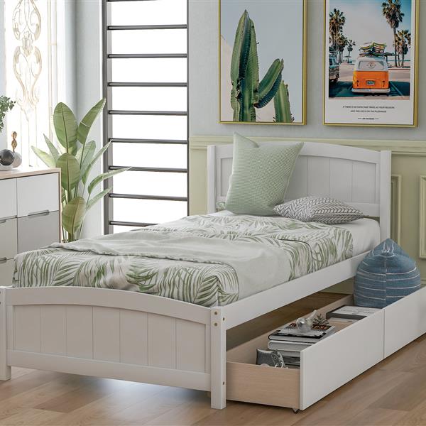 Twin size Platform Bed with Two Drawers, White