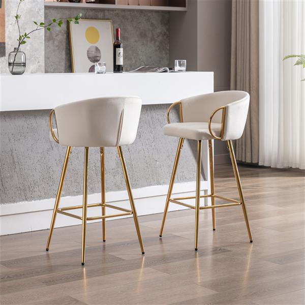 30 Inch Set of 2 Bar Stools,with Chrome Footrest and Base Velvet + Golden Leg Simple Bar Stool,CREAM