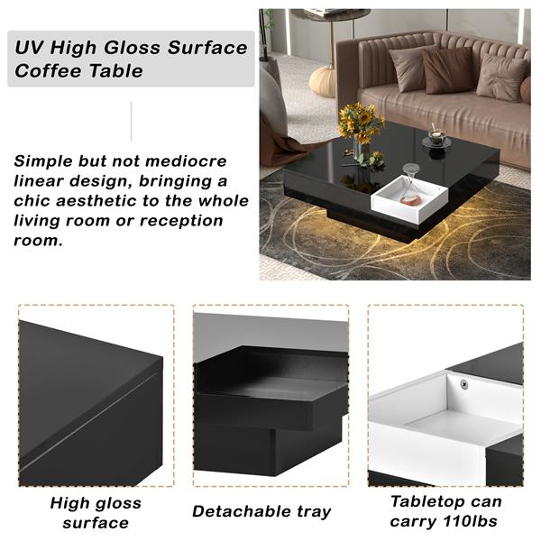 Modern Minimalist Design 31.5*31.5in Square Coffee Table with Detachable Tray and Plug-in 16-color LED Strip Lights Remote Control for Living Room