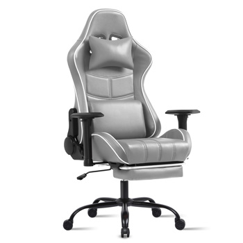 Computer Gaming Chairs for Adults, Ergonomic Computer Chair for Heavy People, Adjustable Lumbar Office Desk Chair with Footrest, 360°-Swivel Seat PU Leather Gamer Chair, Light Gray