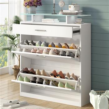  Cabinet with Drawer, Free Standing Shoe Rack with <b style=\\'color:red\\'>LED</b> Light for Hallway, White