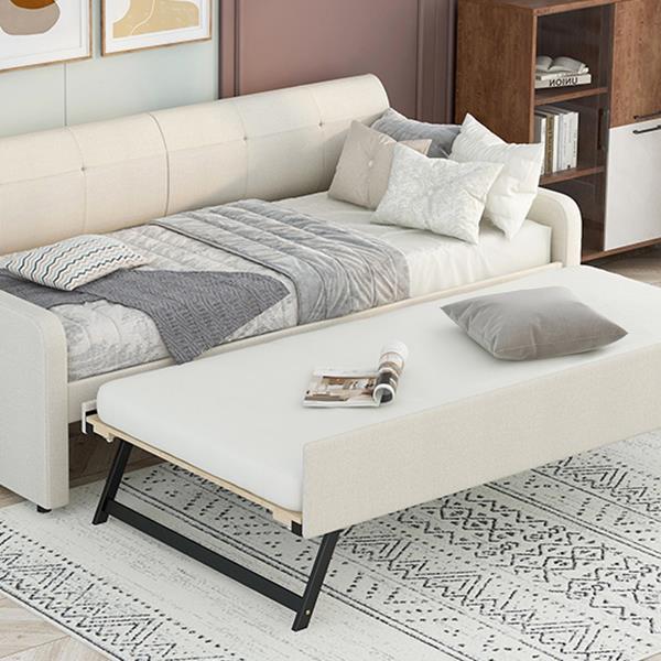 Twin Size Upholstery Daybed with Trundle and USB Charging Design,Trundle can be flat or erected,Beige