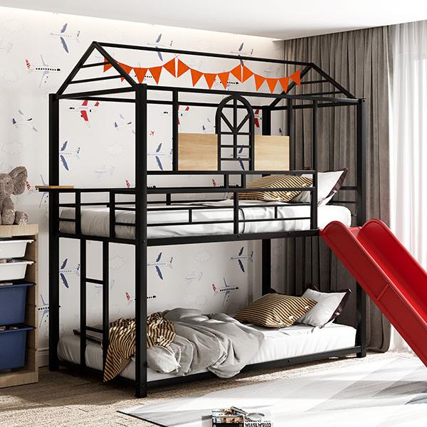 Twin Over Twin Metal Bunk Bed ,Metal Housebed With Slide,Three Colors Available.(Black with Red Slide)