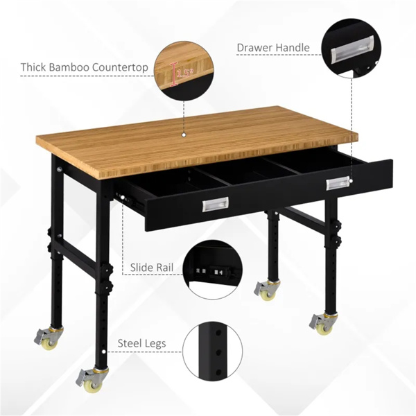 47" Garage Work Bench with Drawer and Wheels, Height Adjustable Legs, Bamboo Tabletop Workstation Tool Table