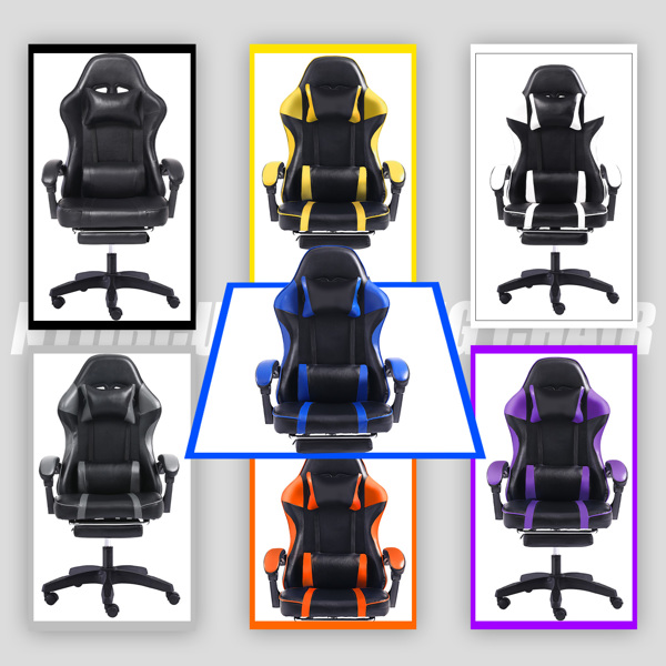 Ergonomic Gaming Chair with Footrest, Comfortable Computer Chair for Heavy People, Adjustable Lumbar Desk Office Chair with 360°-Swivel Seat, PU Leather Video Game Chairs for Adults