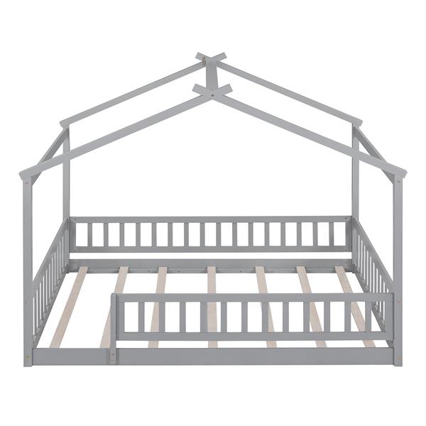 Full Size Wood Bed House Bed Frame with Fence, for Kids, Teens, Girls, Boys,Gray