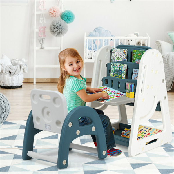 Kids Easel Desk Chair Set Book Rack Adjustable Art Painting Board