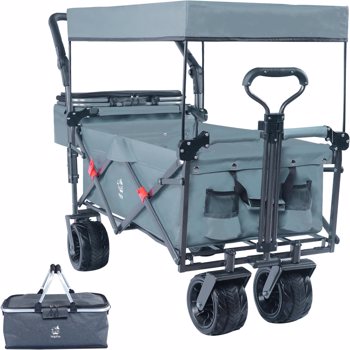 Collapsible Wagon Heavy Duty Folding Wagon Cart with Removable Canopy, 4\\" Wide Large All Terrain Wheels, Brake, Adjustable Handles,Cooler Bag Utility Carts for Outdoor Garden Wagons Carts Beach Cart