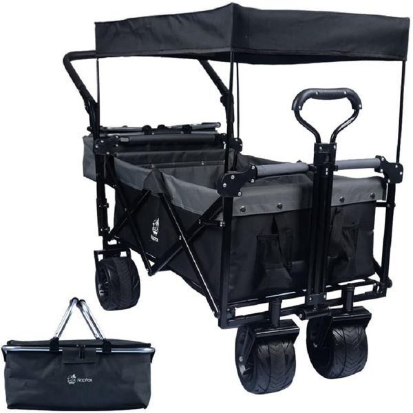 Collapsible Wagon Heavy Duty Folding Wagon Cart with Removable Canopy, 4" Wide Large All Terrain Wheels, Brake, Adjustable Handles,Cooler Bag Utility Carts for Outdoor Garden Wagons Carts Beach Cart