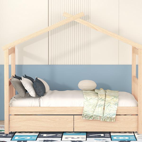 Twin Size Wooden House Bed with Drawers, Natural