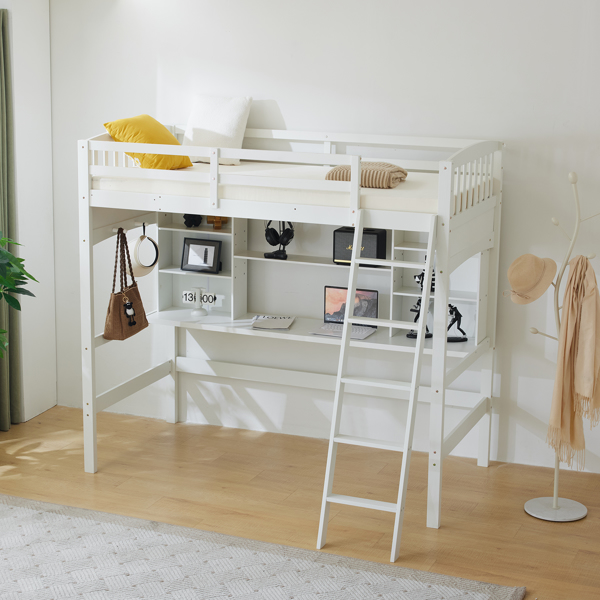 Loft bed with shelf with desk inclined ladder white twin wooden bed pine particle board N101 USA