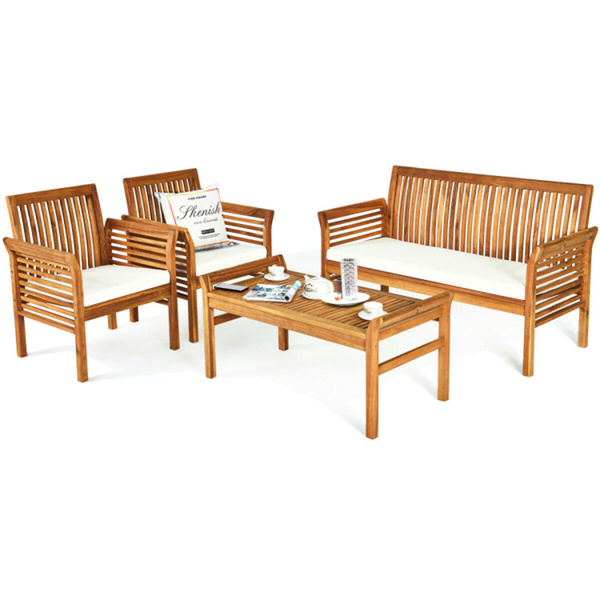 4-piece patio furniture set Outdoor Acacia wood sofa furniture with cushion white