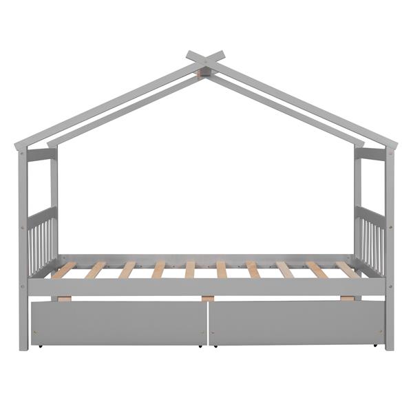 Twin Size Wooden House Bed with Drawers, Gray