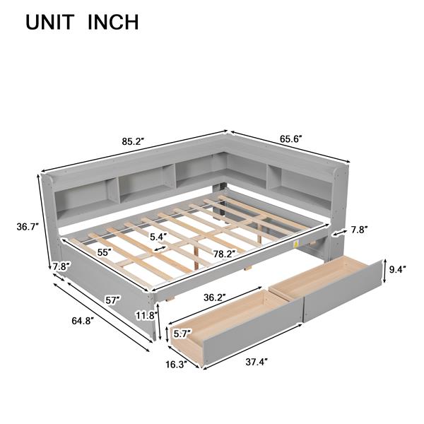 Full Bed with L-shaped Bookcases, Drawers ,Grey