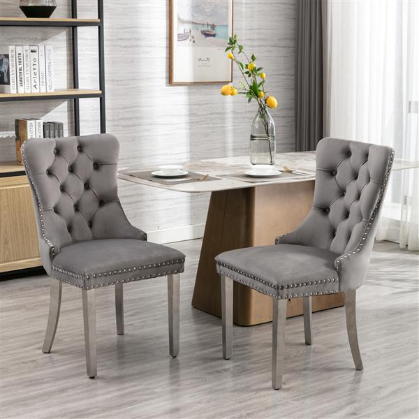 Furniture,Modern, High-end Tufted Solid Wood Contemporary Velvet Upholstered Dining Chair with Chrome Stainless Steel Plating Legs,Nailhead Trim,Set of 2,Gray and Chrome