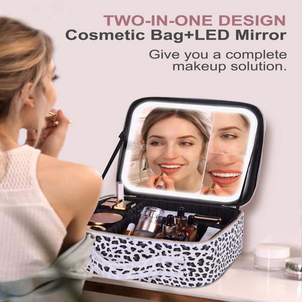 Travel Makeup Bag With Light Up Mirror, With 2X3X Magnifying Mirror And Adjustable Partitions, Portable Makeup Storage Box With 3 Color Lights For Cosmetics, Make-up Accessories, Leopard