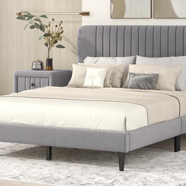 Queen Size Upholstered Platform Bed,No Box Spring Needed, Velvet Fabric,Gray