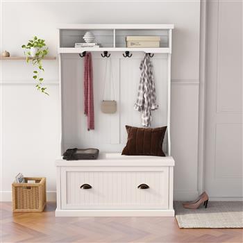 Entryway hall tree with coat rack 4 hooks and storage bench shoe cabinet white