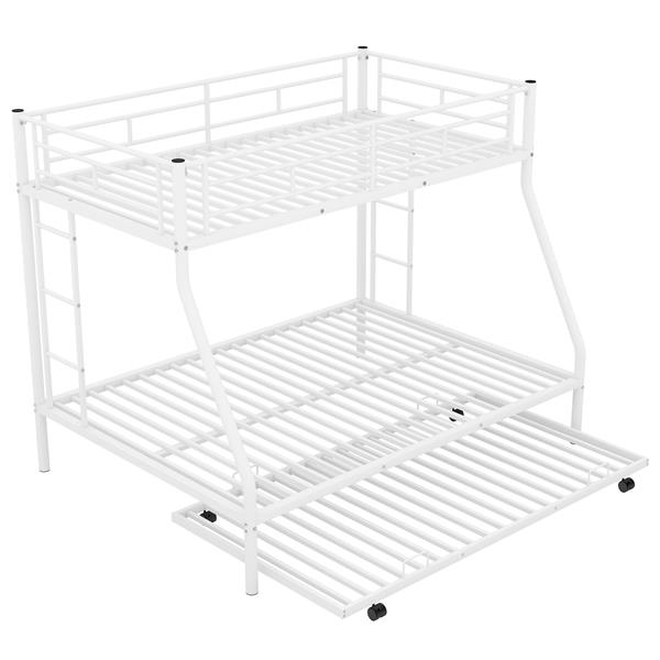 Twin over Full Bed with Sturdy Steel Frame, Bunk Bed with Twin Size Trundle, Two-Side Ladders, White