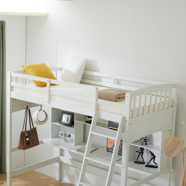 Loft bed with shelf with desk inclined ladder white twin wooden bed pine particle board N101 USA