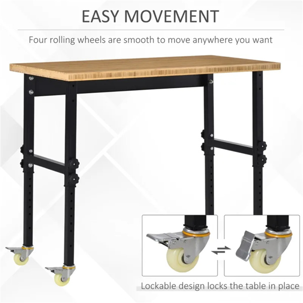 47" Garage Work Bench with Wheels, Height Adjustable Legs, Bamboo Tabletop Workstation Tool Table