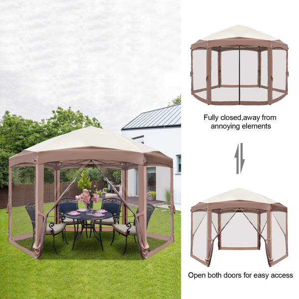 3*3.6m Khaki Top Fabric, Dark Brown Edge, White Bracket, Hexagonal Arc Top Folding Shed, 6 Veils And Net Cloth, With Black Bag, Folding Shed