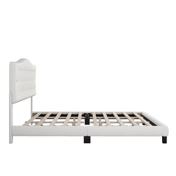 Upholstered Platform Bed with Saddle Curved Headboard and Diamond Tufted Details, Full, Beige