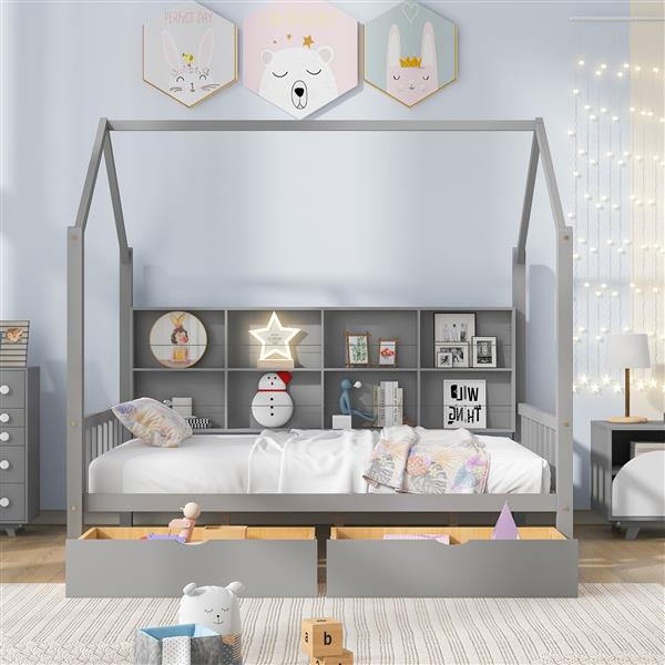 Wooden Full Size House Bed with 2 Drawers,Kids Bed with Storage Shelf, Gray(Expected Arrival Time: 5.15)