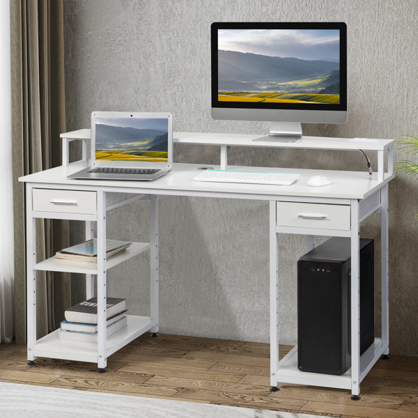 White wood grain particle board with non-woven fabric drawer 140*50*86cm multi-layer shelf computer desk with 2 USB power sockets and 2 power interface