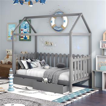 Twin Size House Bed with drawers, Fence-shaped Guardrail, Gray