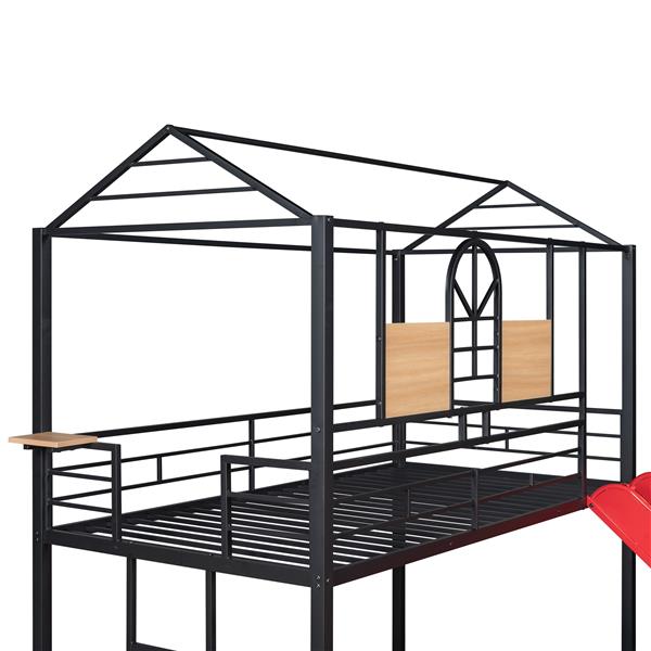 Twin Over Twin Metal Bunk Bed ,Metal Housebed With Slide,Three Colors Available.(Black with Red Slide)