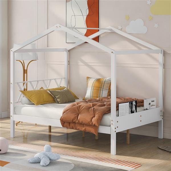 Full Size Wood House Bed with Storage Space, White