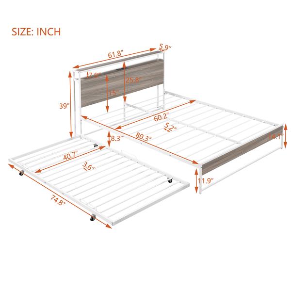 Queen Size Metal Platform Bed Frame with Trundle, USB Ports and Slat Support ,No Box Spring Needed White