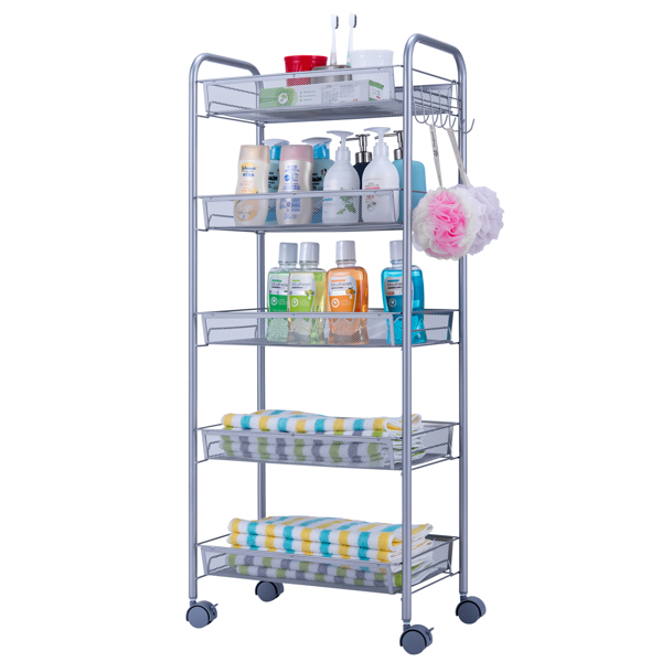 Honeycomb Mesh Style Five Layers Removable Storage Cart Silver