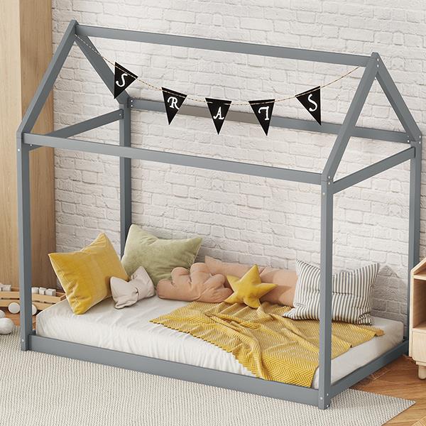 Twin Size Wooden House Bed, Gray