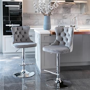 Furniture,Swivel Velvet Barstools Adjusatble Seat Height from 25-33 Inch, Modern Upholstered Chrome base Bar Stools with Backs Comfortable Tufted for Home Pub and Kitchen Island（Gray,Set of 2）