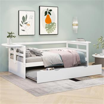 Twin Size Daybed with Trundle and Foldable Shelves on Both Sides,White